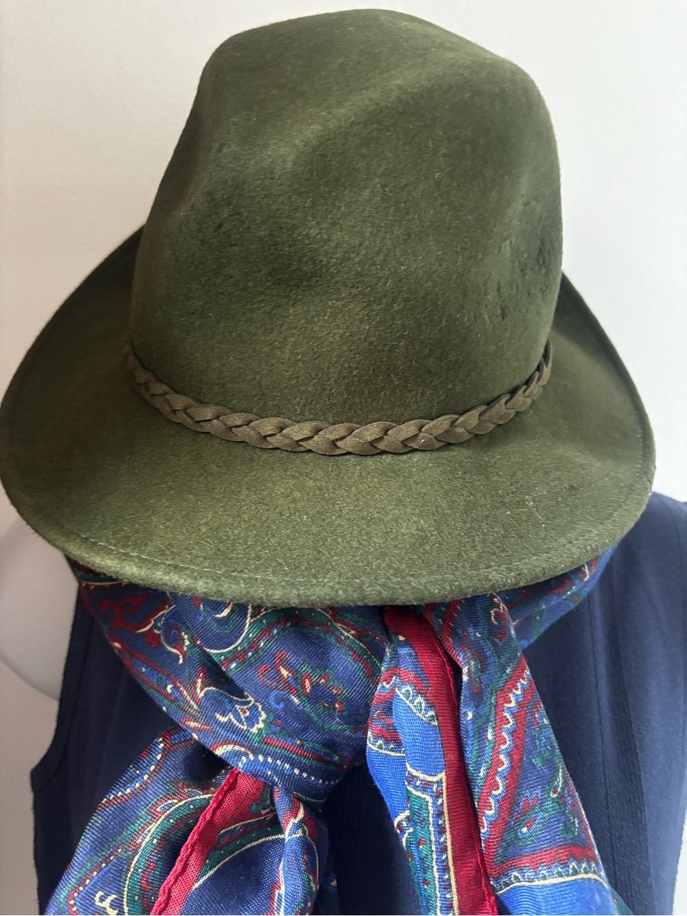 Olive Green Wool Fedora Hat with Braided Band